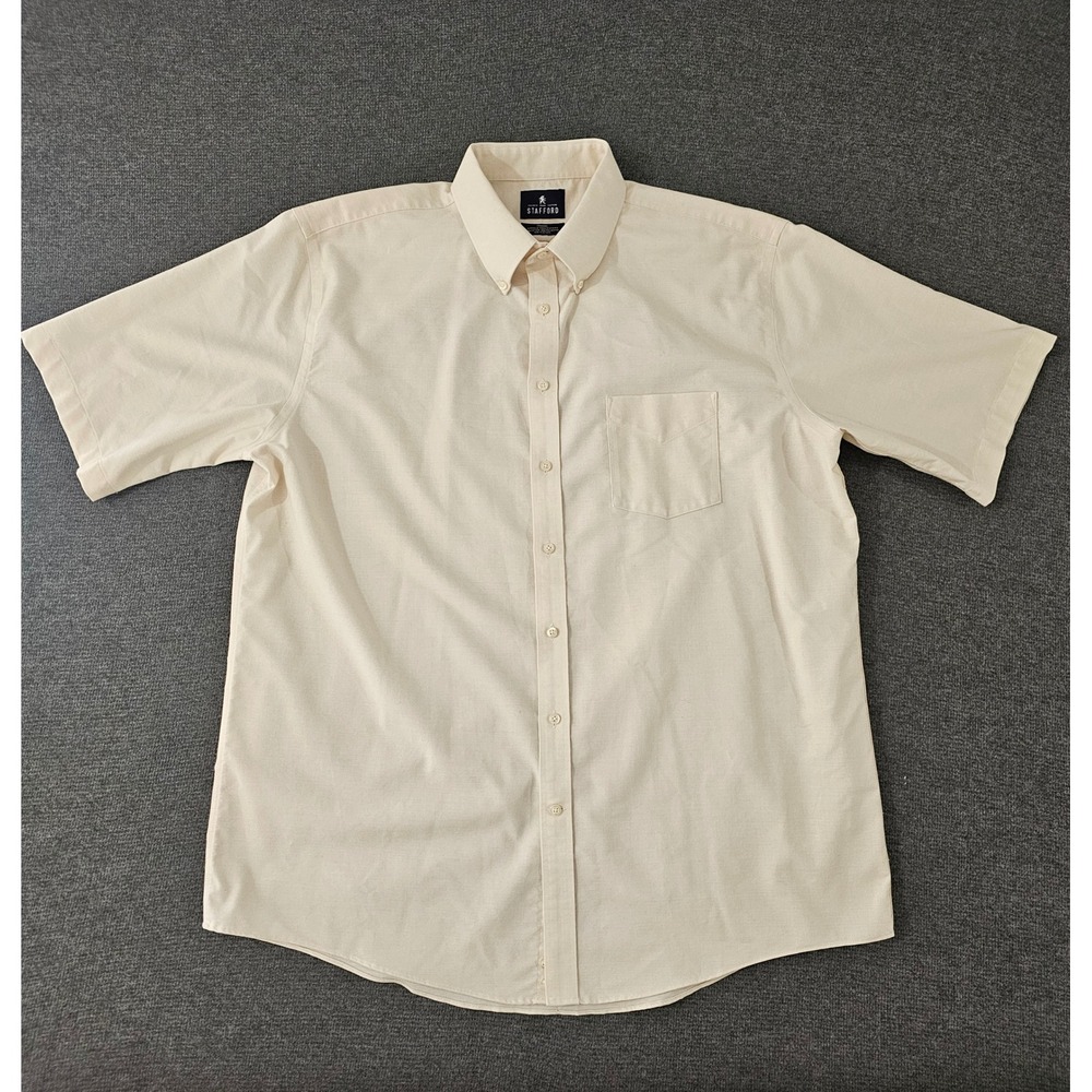 Stafford Travel Mens Cream Wrinkle Free Oxford Shirt Regular Fit 18 Short Sleeve